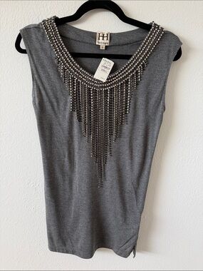 Haute Hippie Charcoal Gray Beaded Fringe Tank